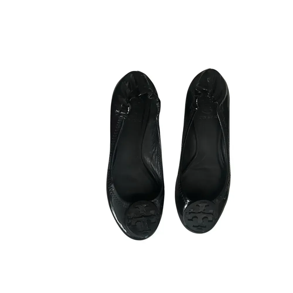 Tory Burch Womens Patent Leather Slip On Ballet Flats Black Logo Shoes 6M